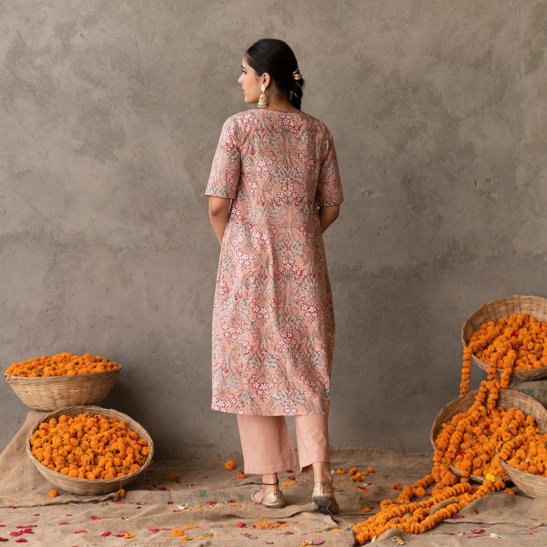 Peach block printed embroidery detailed kurta