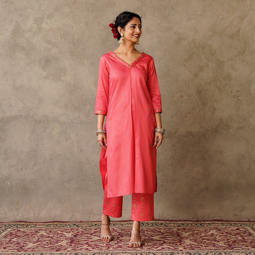 Front Pleat Solid Coral Kurta with Hand Embroidery and Gold Printed Details