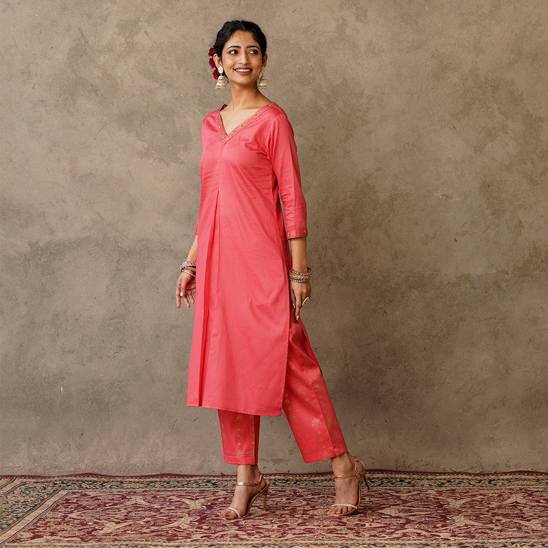 Front Pleat Solid Coral Kurta with Hand Embroidery and Gold Printed Details