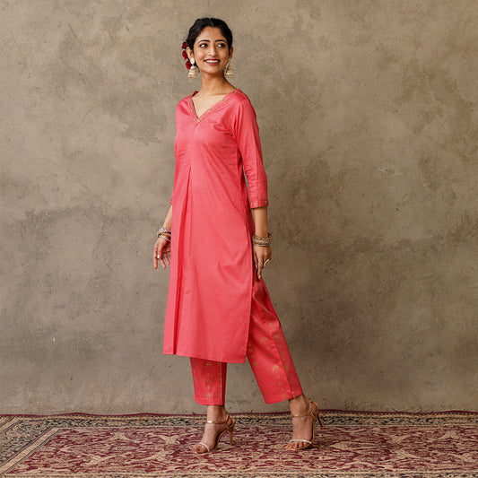 Front Pleat Solid Coral Kurta with Hand Embroidery and Gold Printed Details with Printed Pants (Set of 2)