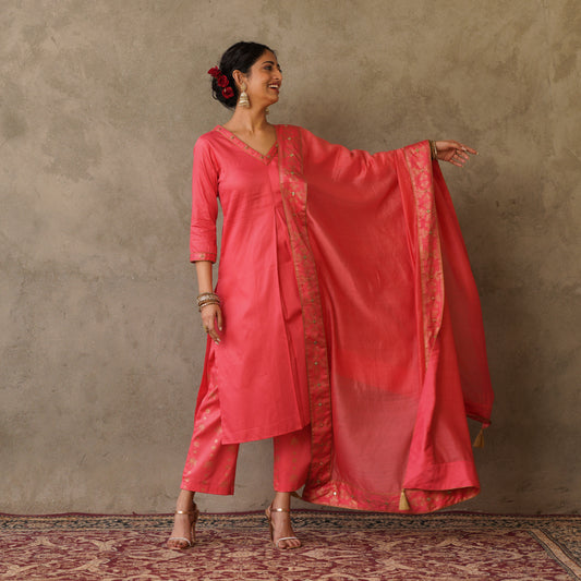 Coral Chanderi Dupatta with Block Printed Border and Embroidery Details