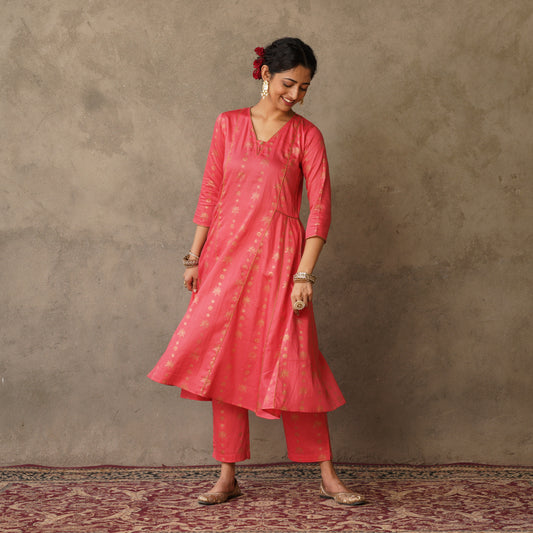 Coral block printed Anarkali kurta with hand embroidery and piping details