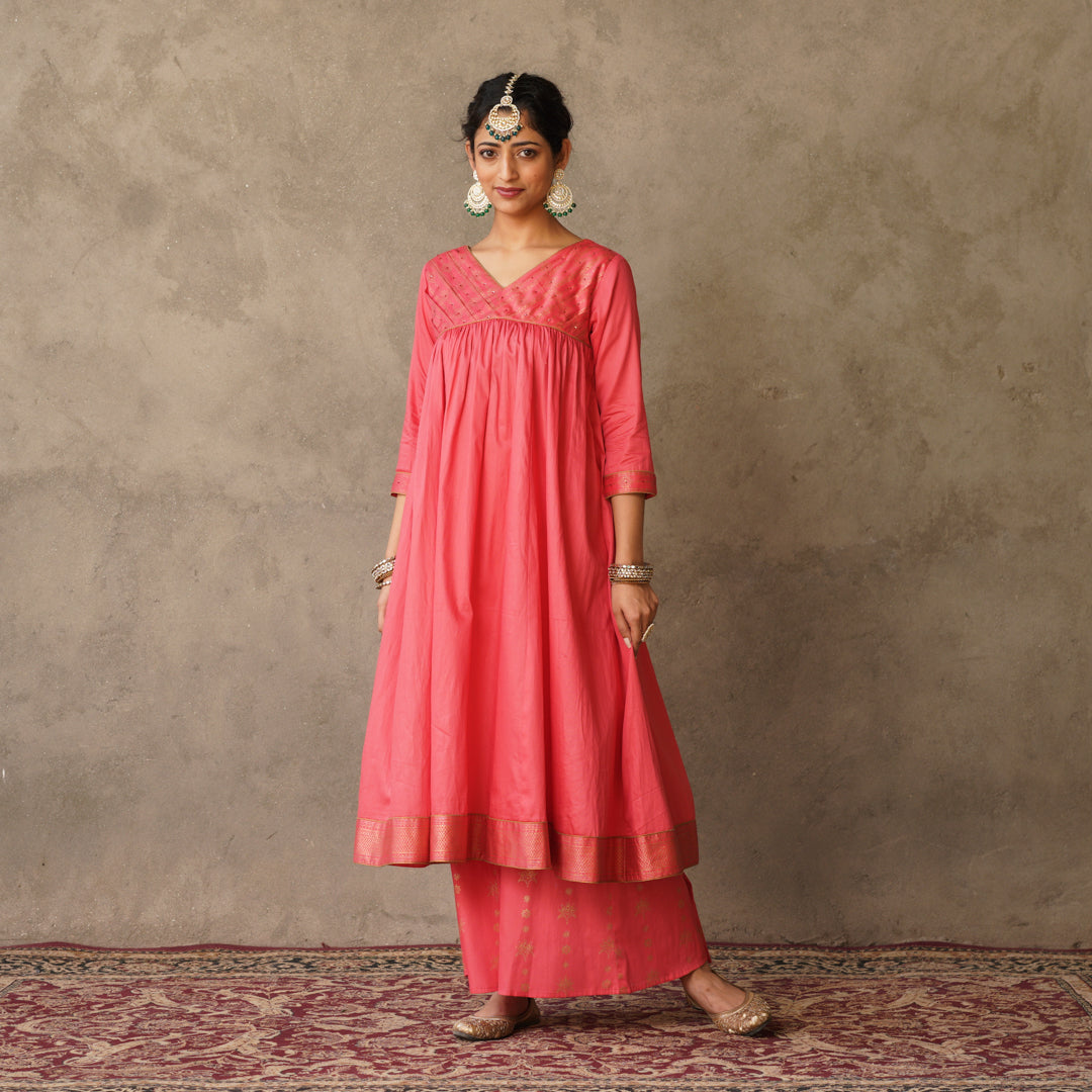 Coral Block Printed Anarkali Kurta with Hand Embroidery Details on Yoke