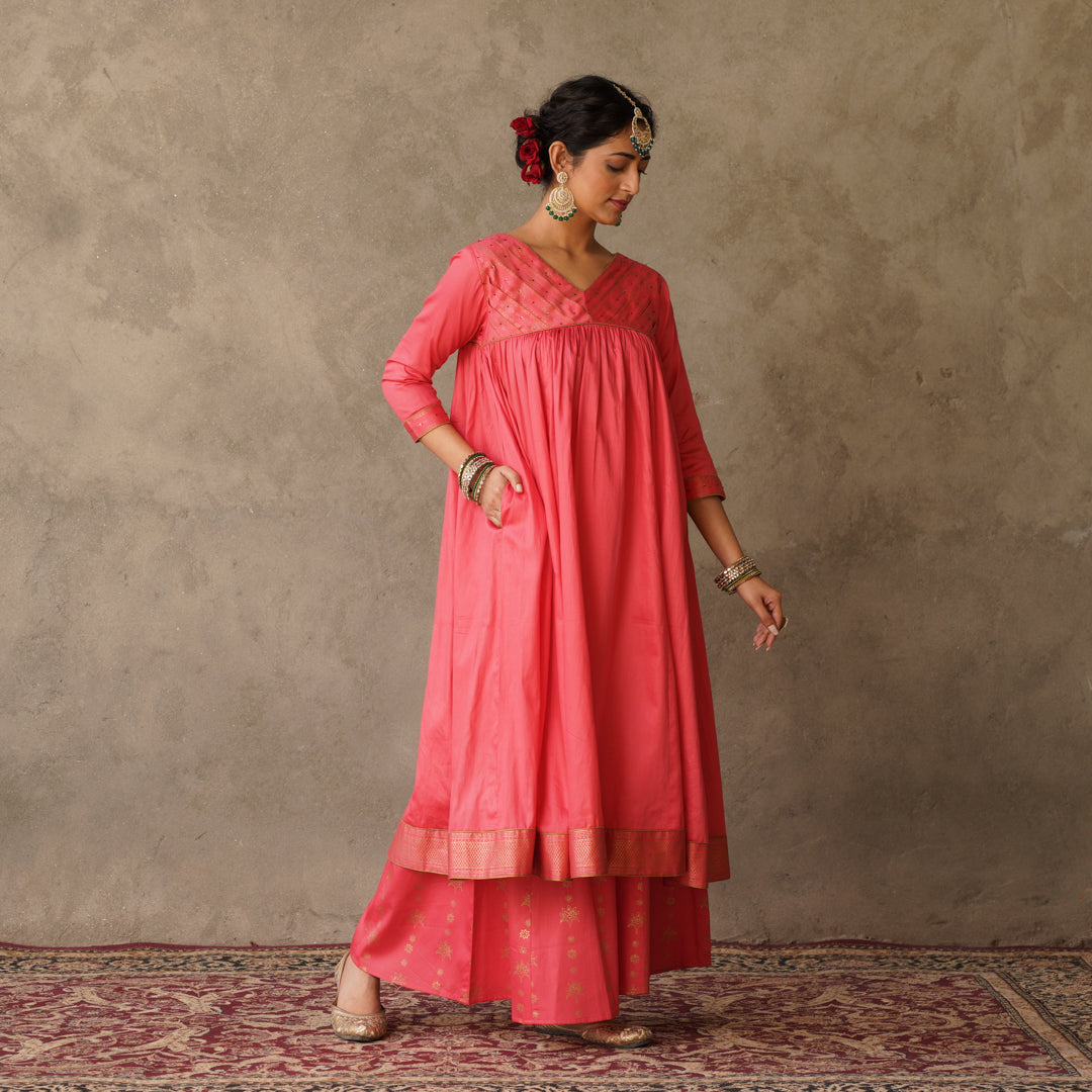 Coral Block Printed Anarkali Kurta with Hand Embroidery Details on Yoke Paired with Coral Block Printed Sharara Set (Set of 2)