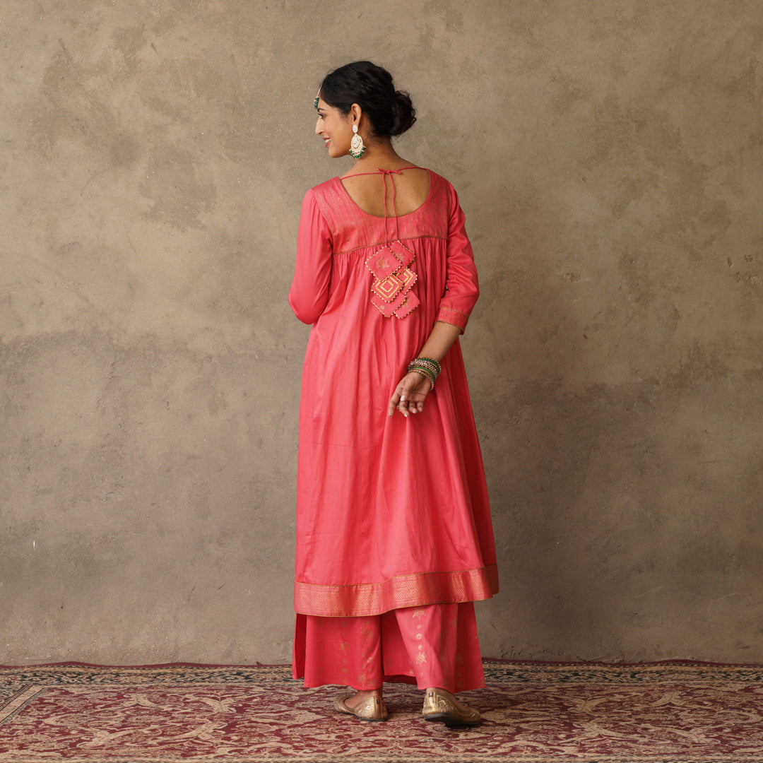 Coral Block Printed Anarkali Kurta with Hand Embroidery Details on Yoke
