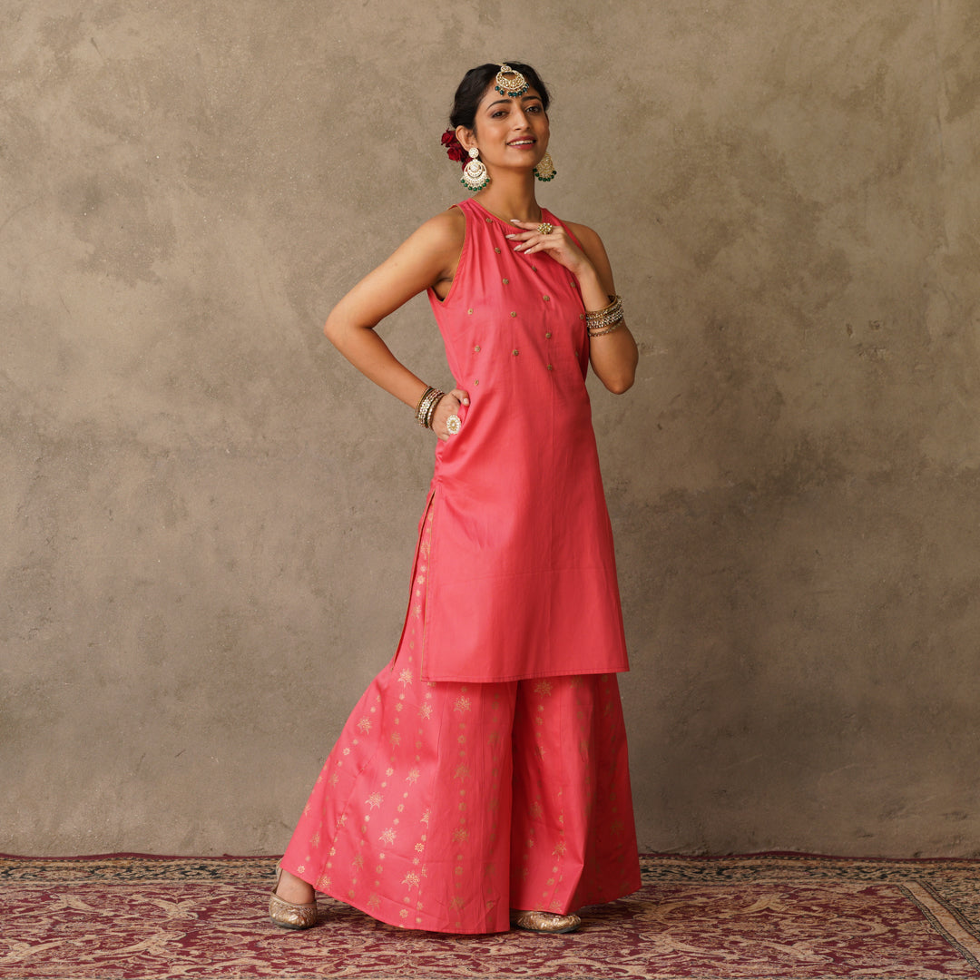 Coral sleeveless Kurta with Hand Embroidery Details with Block Printed Sharara with Chanderi Dupatta (Set of 3)