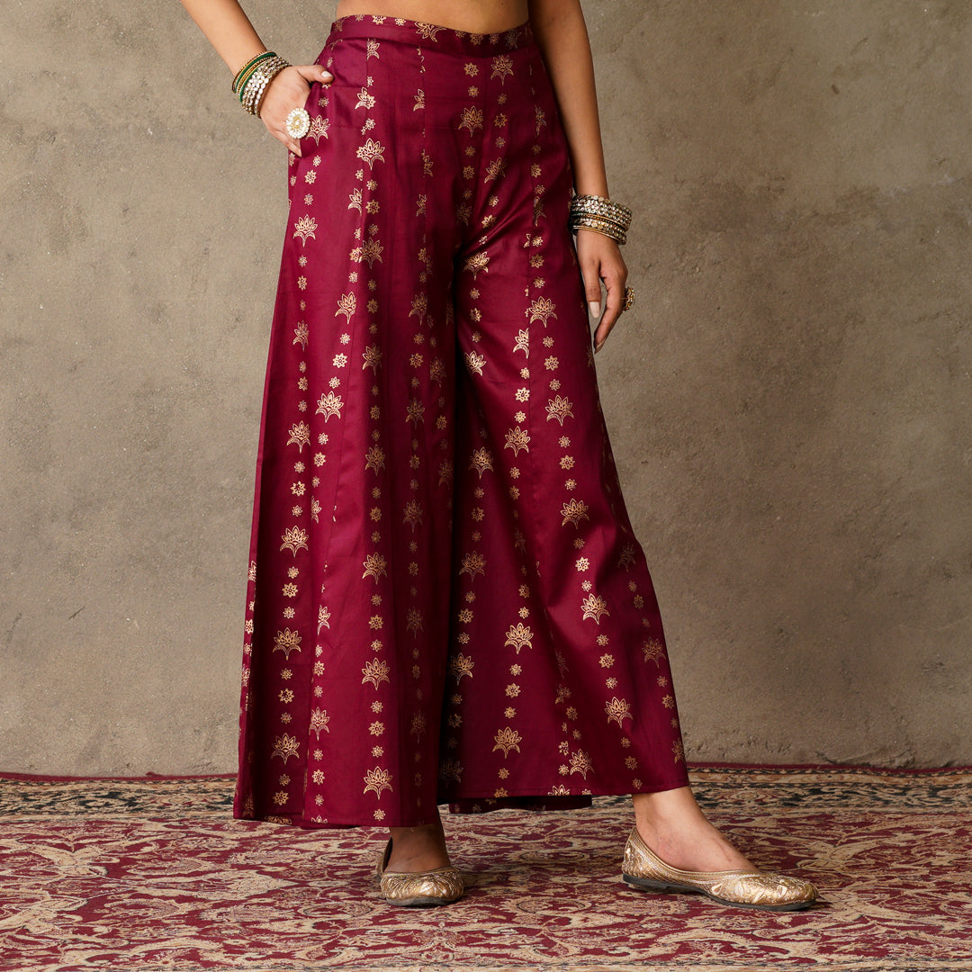 Plum Block Printed Anarkali suit Set with Hand Embroidery Details on Yoke Paired with Plum Block Printed Sharara Pants Set (Set of 2)