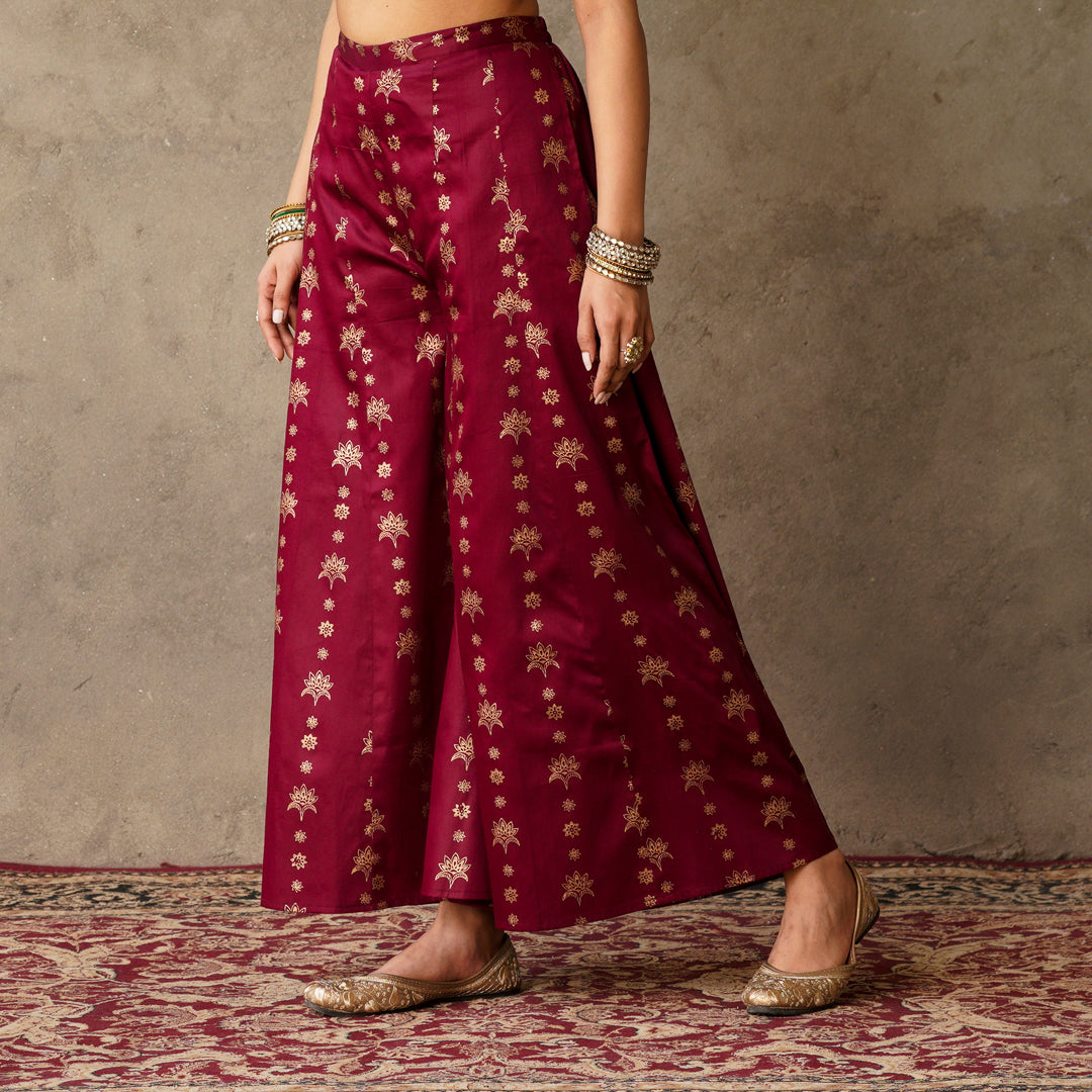 Plum Block Printed Anarkali suit Set with Hand Embroidery Details on Yoke Paired with Plum Block Printed Sharara Pants Set (Set of 2)