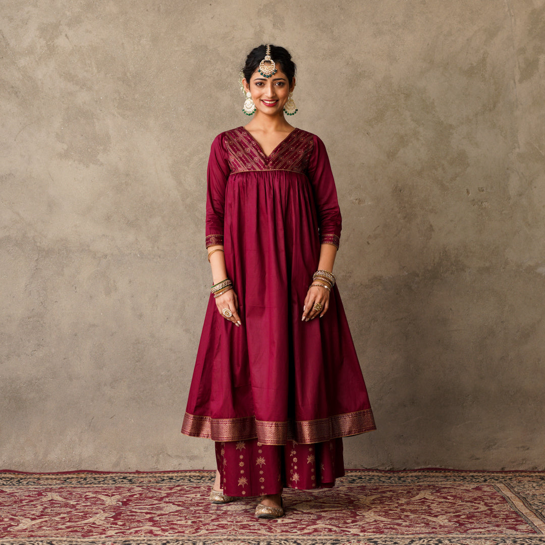 Plum Block Printed Anarkali suit Set with Hand Embroidery Details on Yoke Paired with Chanderi Dupatta (Set of 3)