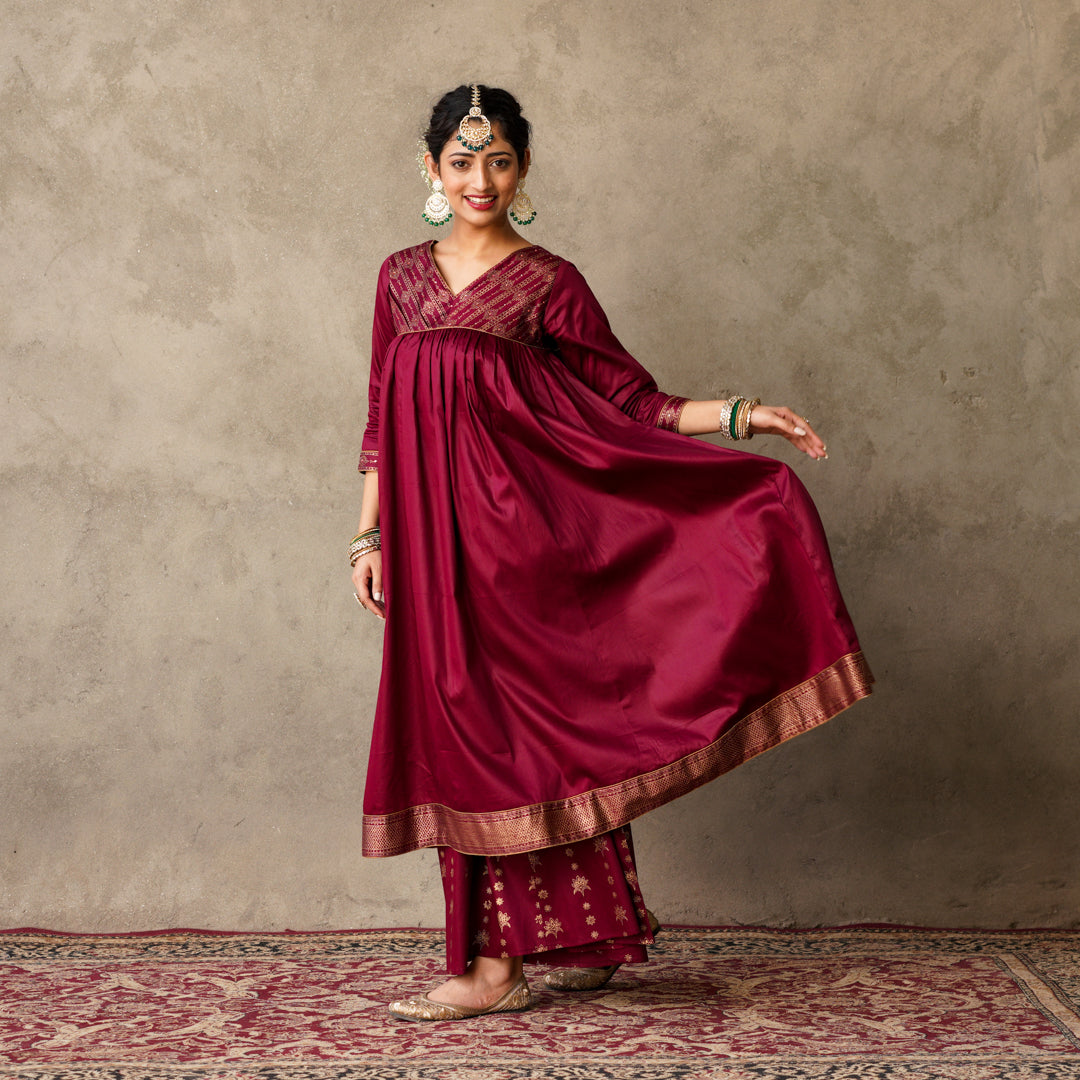 Plum Block Printed Anarkali suit Set with Hand Embroidery Details on Yoke Paired with Chanderi Dupatta (Set of 3)