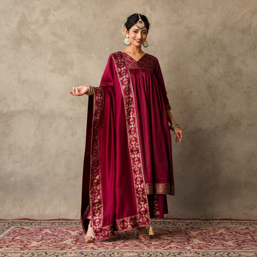 Plum Block Printed Anarkali suit Set with Hand Embroidery Details on Yoke Paired with Chanderi Dupatta (Set of 3)