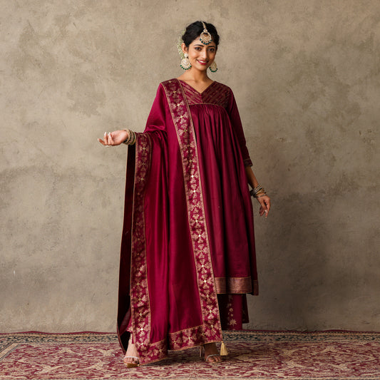 Plum Chanderi Dupatta with Block Printed Border and Embroidery Details