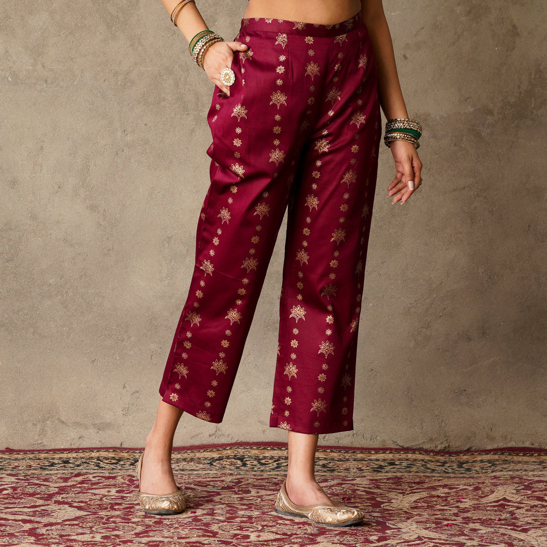 Front Pleat Solid Plum Kurta with Hand Embroidery and Gold Printed Details with Printed Pants (Set of 2)