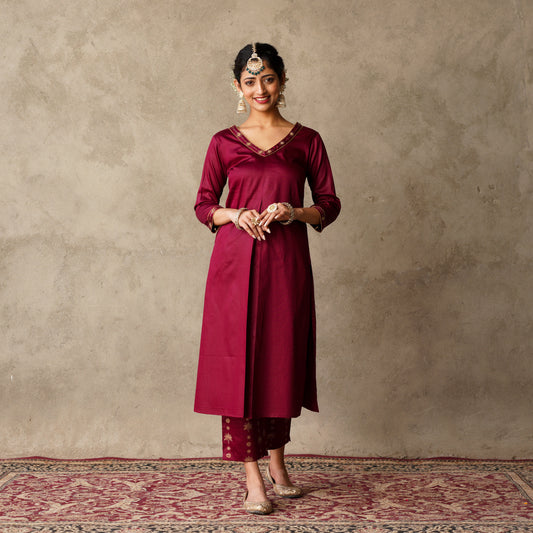 Front Pleat Solid Plum Kurta with Hand Embroidery and Gold Printed Details