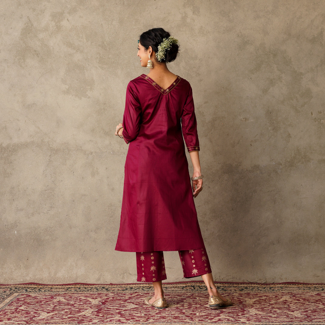 Front Pleat Solid Plum Kurta with Hand Embroidery and Gold Printed Details with Printed Pants (Set of 2)