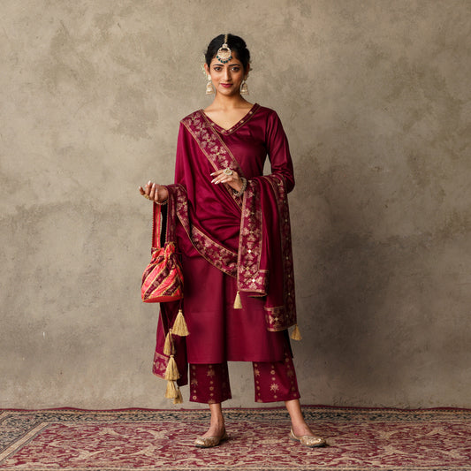 Front Pleat Solid Plum Kurta with Hand Embroidery and Gold Printed Details with Printed Pants and Chanderi Dupatta (Set of 3)