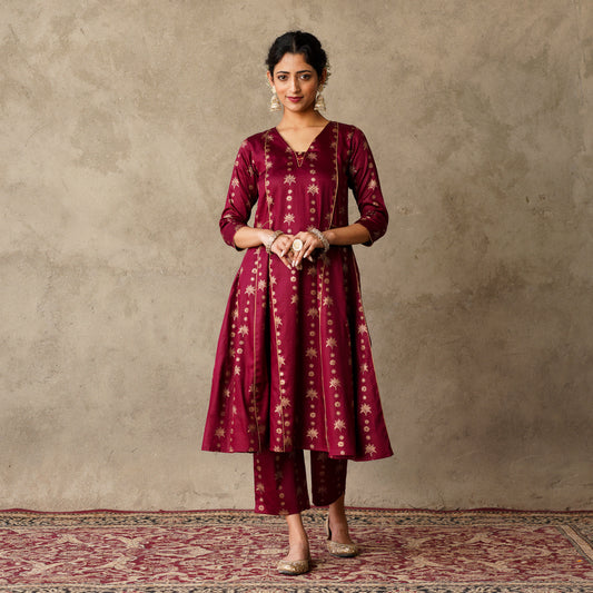 Plum Block Printed Anarkali Kurta with Hand Embroidery and Piping Details
