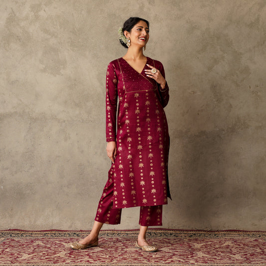 Gold Block Printed Plum Pintuck Details Straight Fit Kurta with Matching Straight Pants (Set of 2)