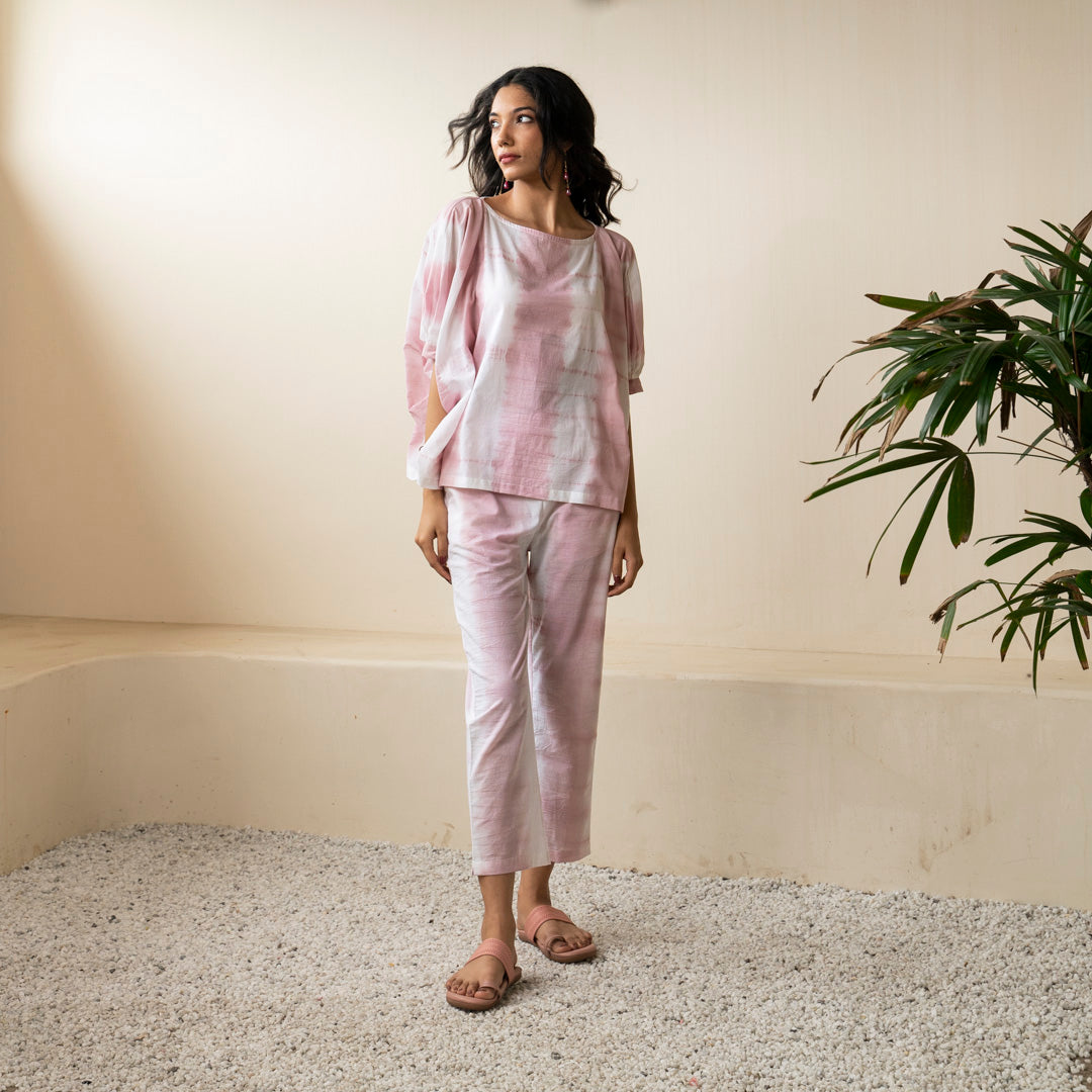 Blush pink shibori tie dye oversized top paired with tie dye trousers co-ord set