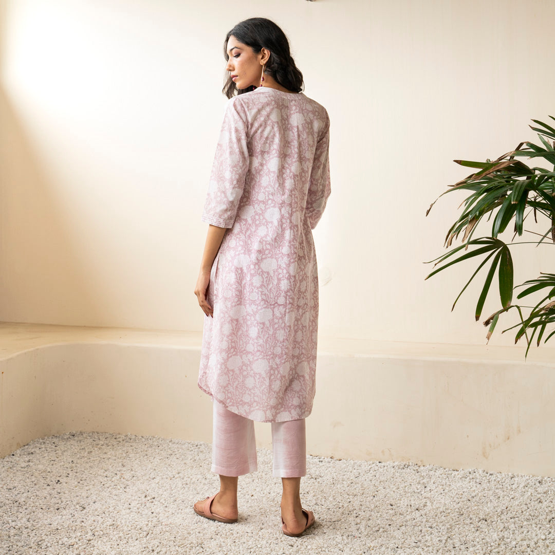 Blush Pink hand block printed kurta with front gather detail paired with shibori tie dye trousers set