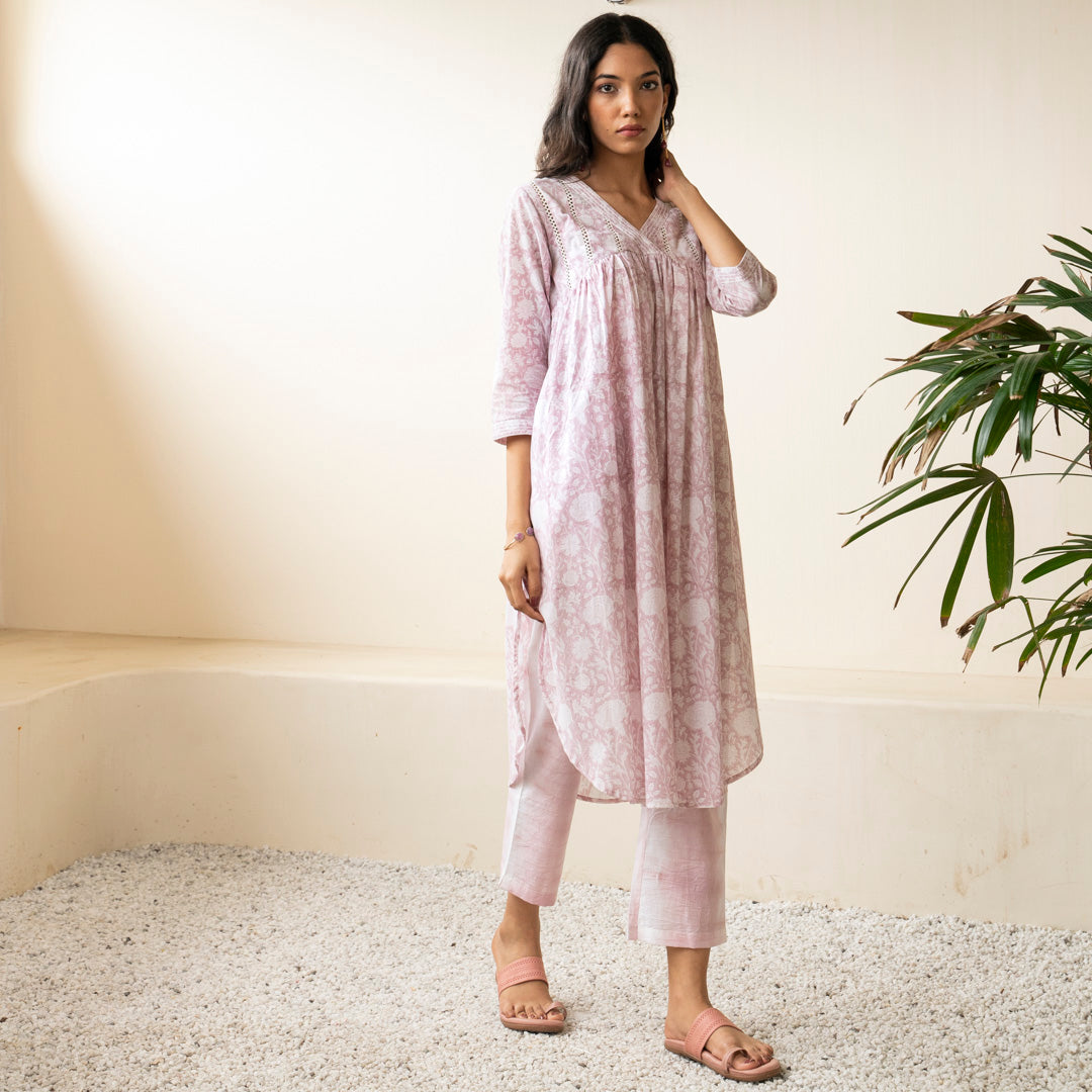 Blush Pink hand block printed kurta with front gather detai