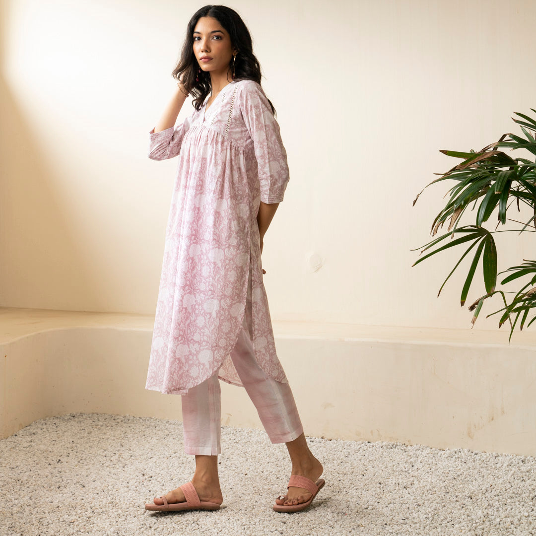 Blush Pink hand block printed kurta with front gather detail paired with shibori tie dye trousers set