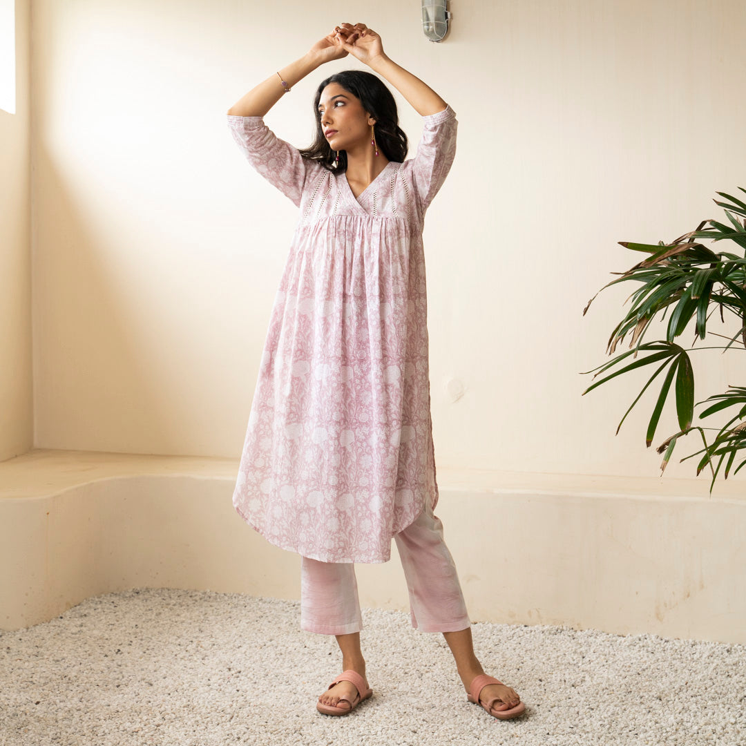 Blush Pink hand block printed kurta with front gather detail paired with shibori tie dye trousers set