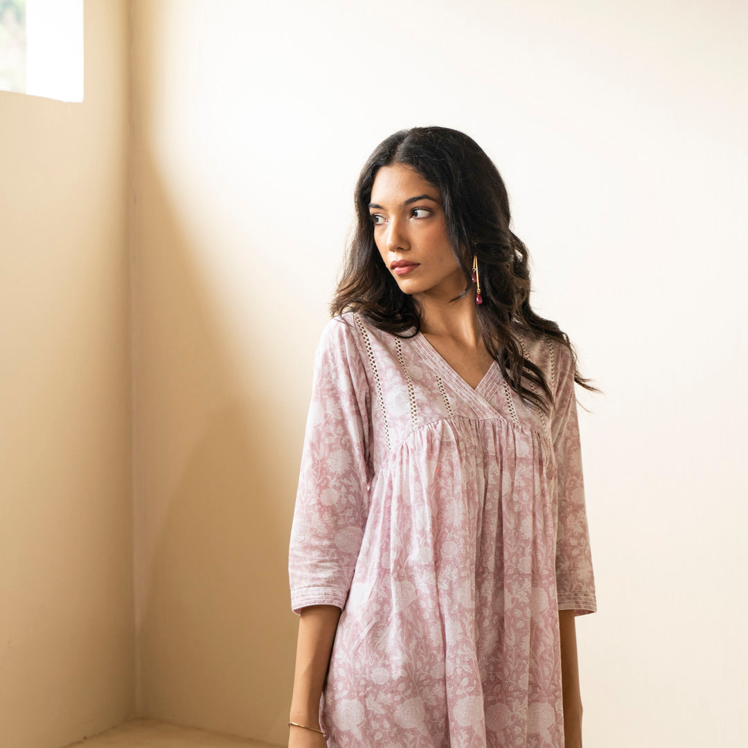 Blush Pink hand block printed kurta with front gather detai