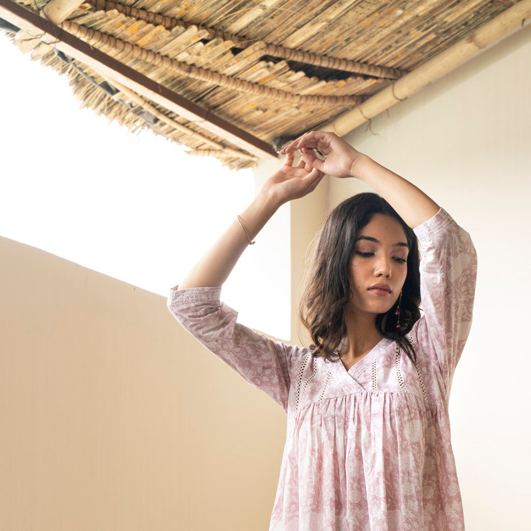 Blush Pink hand block printed kurta with front gather detai