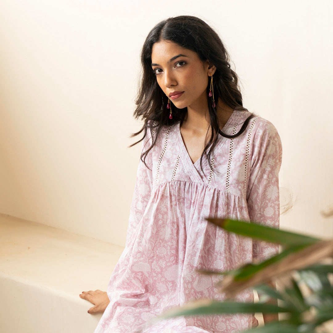 Blush Pink hand block printed kurta with front gather detail paired with shibori tie dye trousers set