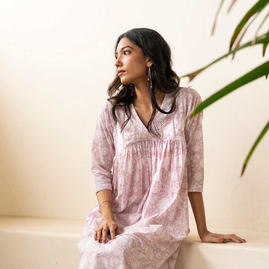 Blush Pink hand block printed kurta with front gather detail paired with shibori tie dye trousers set
