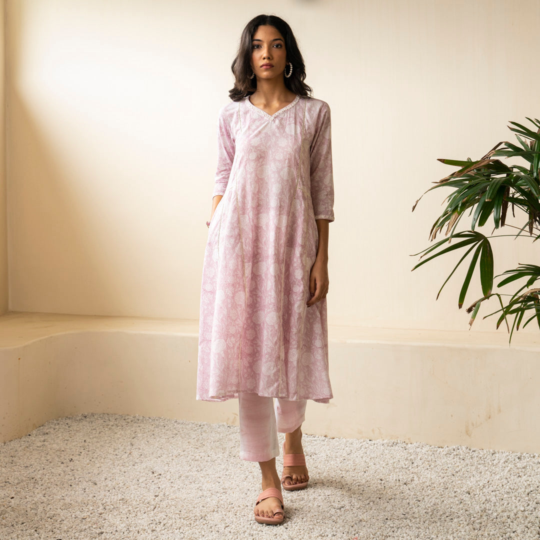 Blush pink block printed Anarkali kurta with embroidery detail neckline