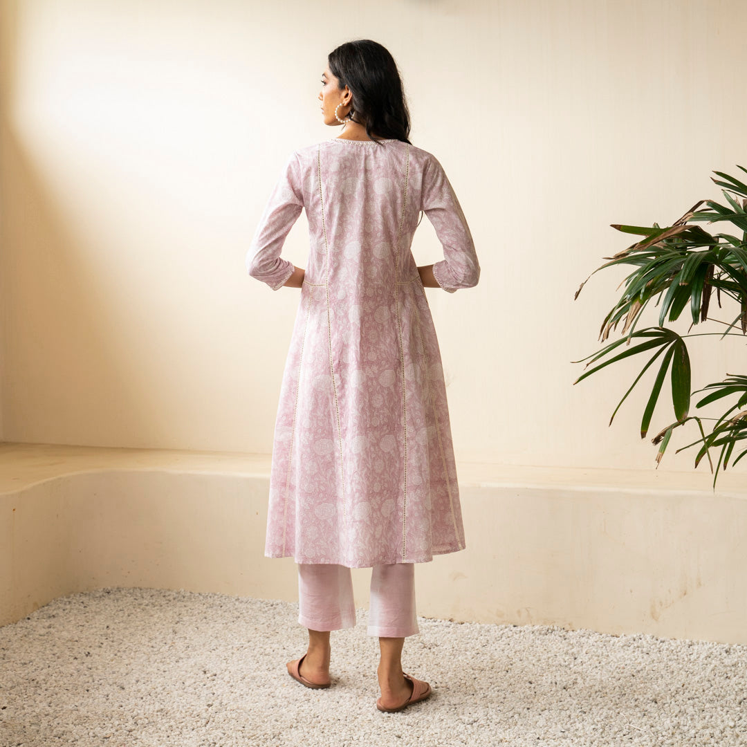 Blush pink block printed Anarkali kurta with embroidery detail neckline