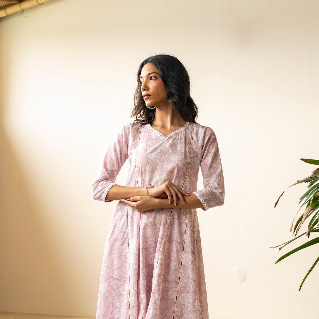 Blush pink block printed Anarkali kurta with embroidery detail neckline