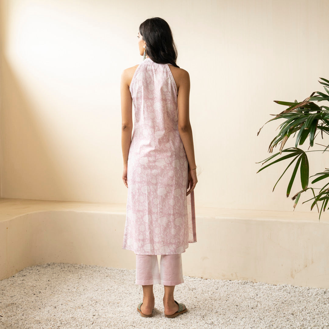 Blush Pink hand block printed sleevless kurti with side slits paired with shibori tie dye trousers set