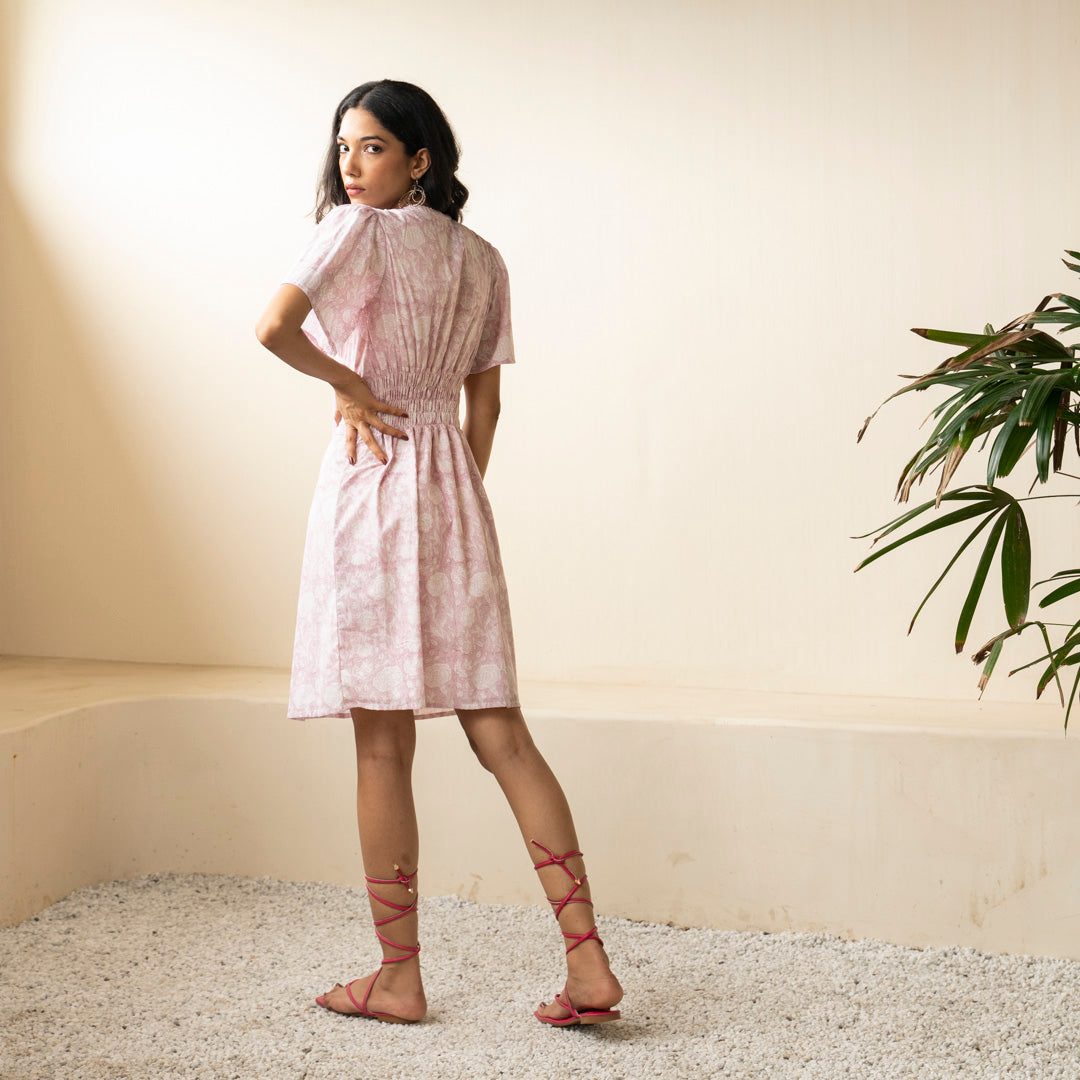 Blush Pink block printed box pleat dress V neck and relaxed sleeves with side pockets