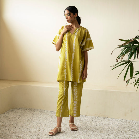 Chartreuse green oversized short kurta with side slits and trouser co-ord set