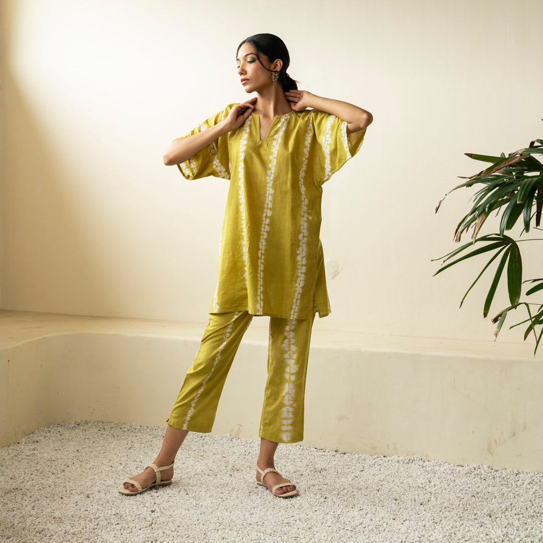 Chartreuse green oversized short kurta with side slits and trouser co-ord set