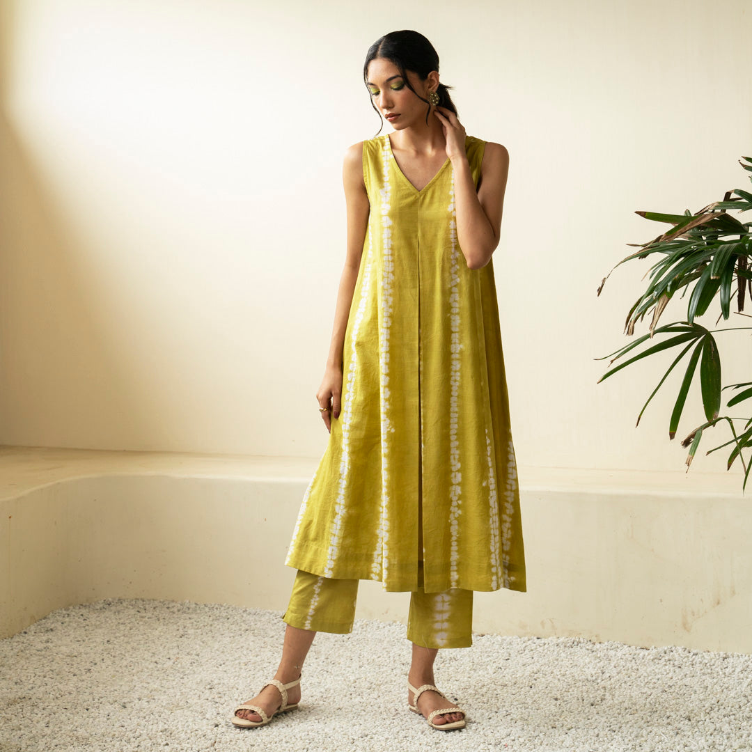Chartreuse green flared front pleat detail kurta paired with palazzo pants