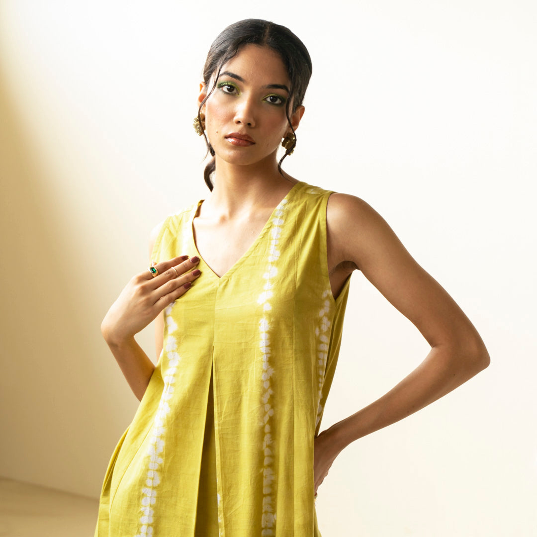 Chartreuse green flared front pleat detail kurta paired with palazzo pants