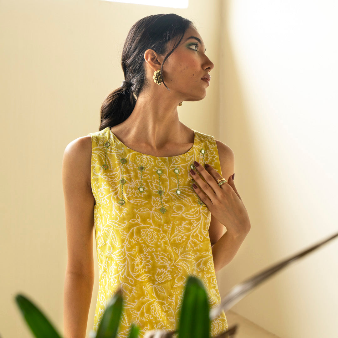 Chartreuse green hand block printed straight fit dress with V neck with embroidery detail neckline