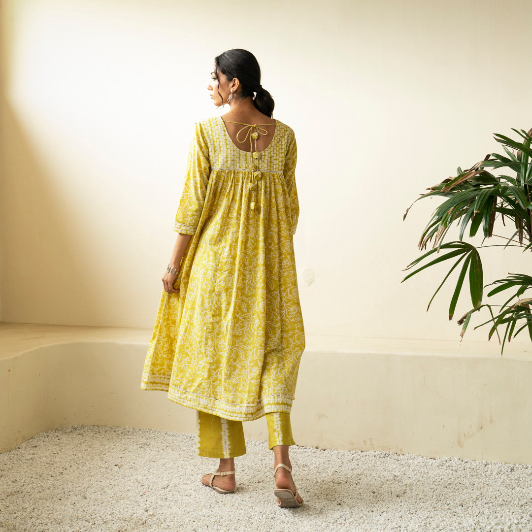 Chartreuse green block printed Anarkali kurta with V Neck with pleat detail neckline