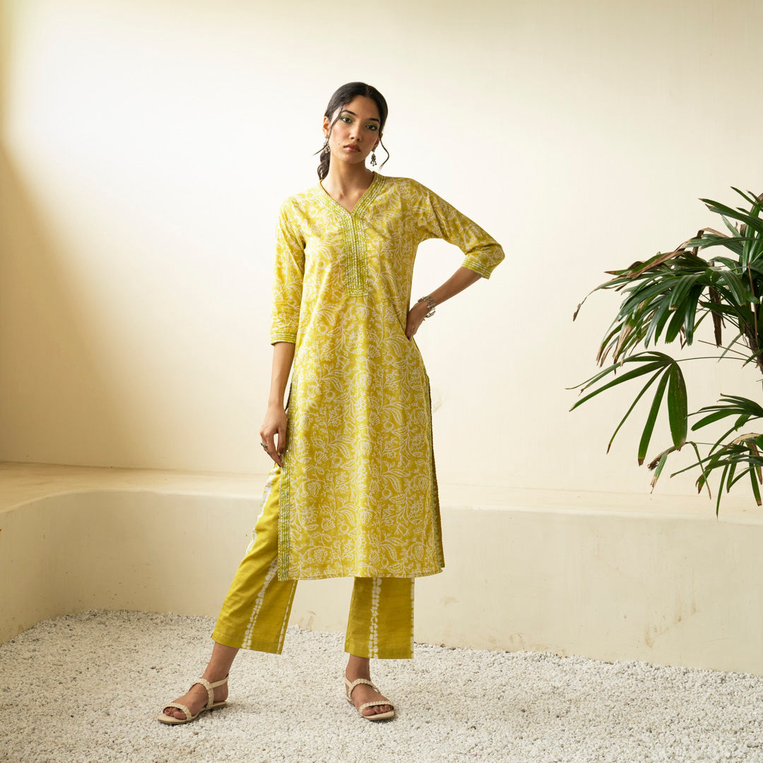 Chartreuse green hand block printed straight fit kurta paired with tie dye trouser set