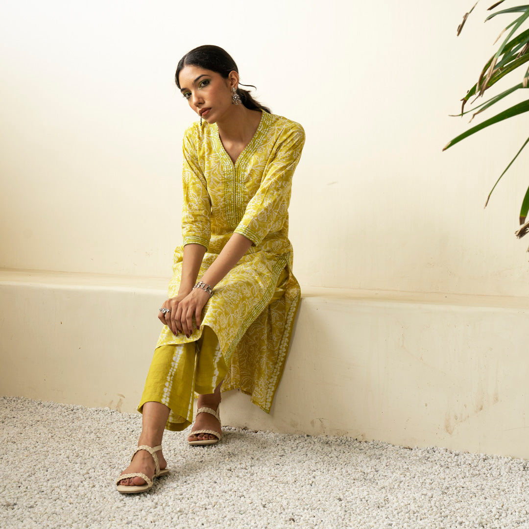 Chartreuse green hand block printed straight fit kurta paired with tie dye trouser set