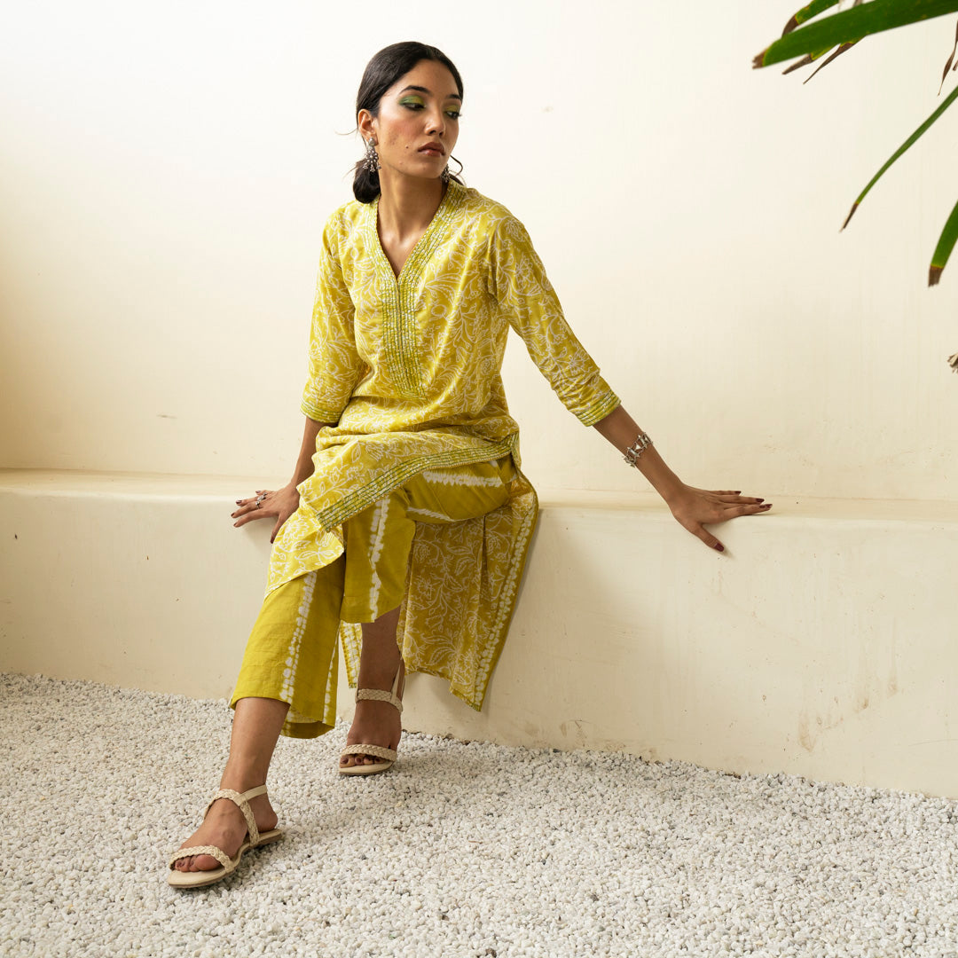 Chartreuse green hand block printed straight fit kurta paired with tie dye trouser set