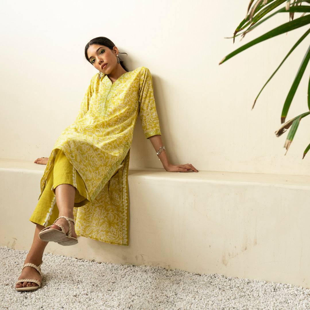 Chartreuse green hand block printed straight fit kurta paired with tie dye trouser set