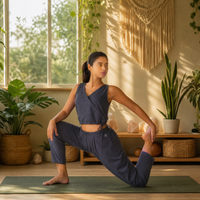 Tara Yoga Pants 100% Cotton Pleated Retro Relaxed Fit pants with Half Elasticised Waist for comfort - in Celtic Blue