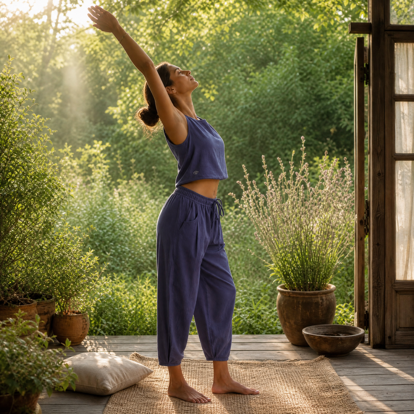 Sukha Yoga Set of 2 (Top & Pants) in 100% Cotton Sleeveless Round Neck Crop Top with Side Tie with baggy fit pants for comfort - Celtic Blue — view 11