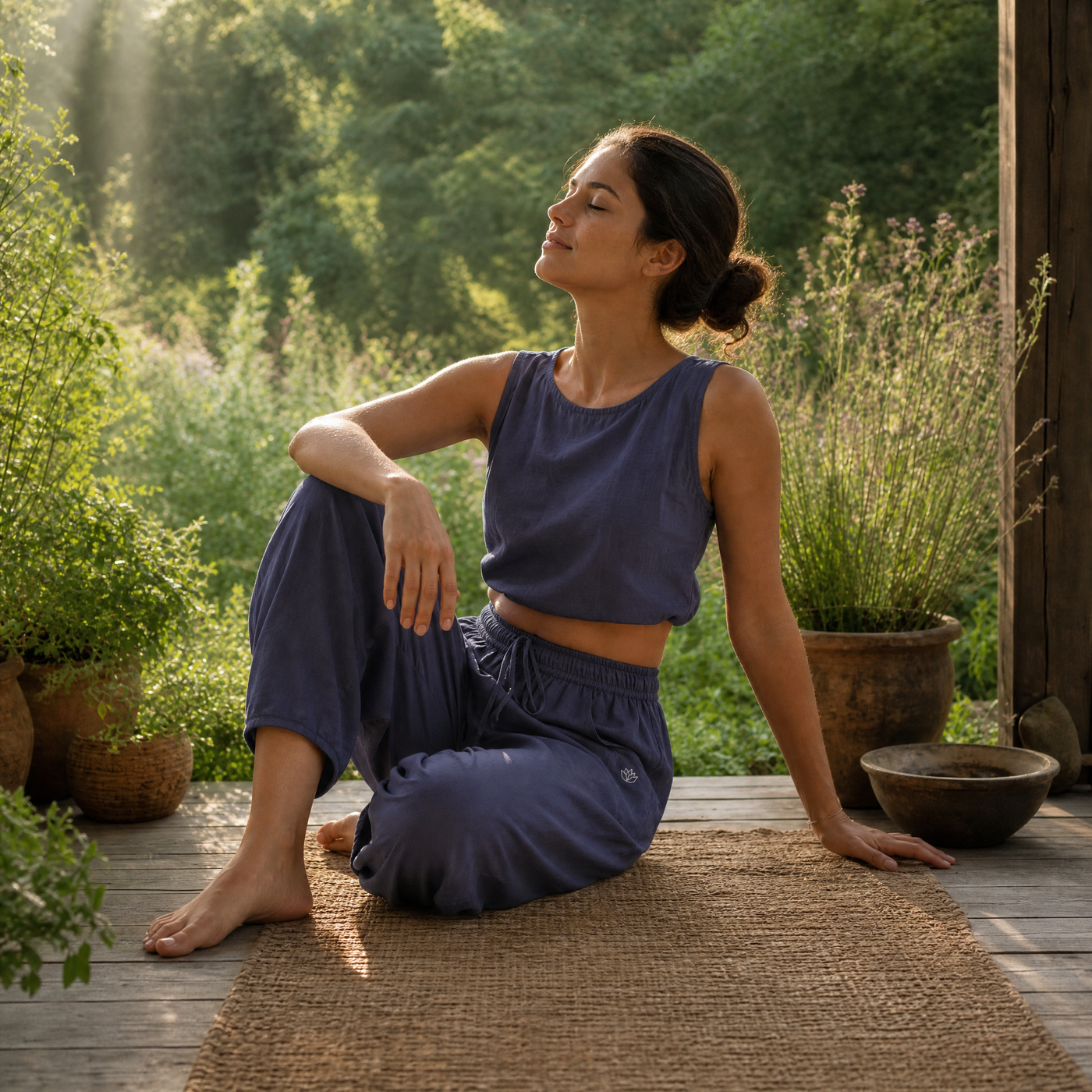 Sukha Yoga Set of 2 (Top & Pants) in 100% Cotton Sleeveless Round Neck Crop Top with Side Tie with baggy fit pants for comfort - Celtic Blue — view 12