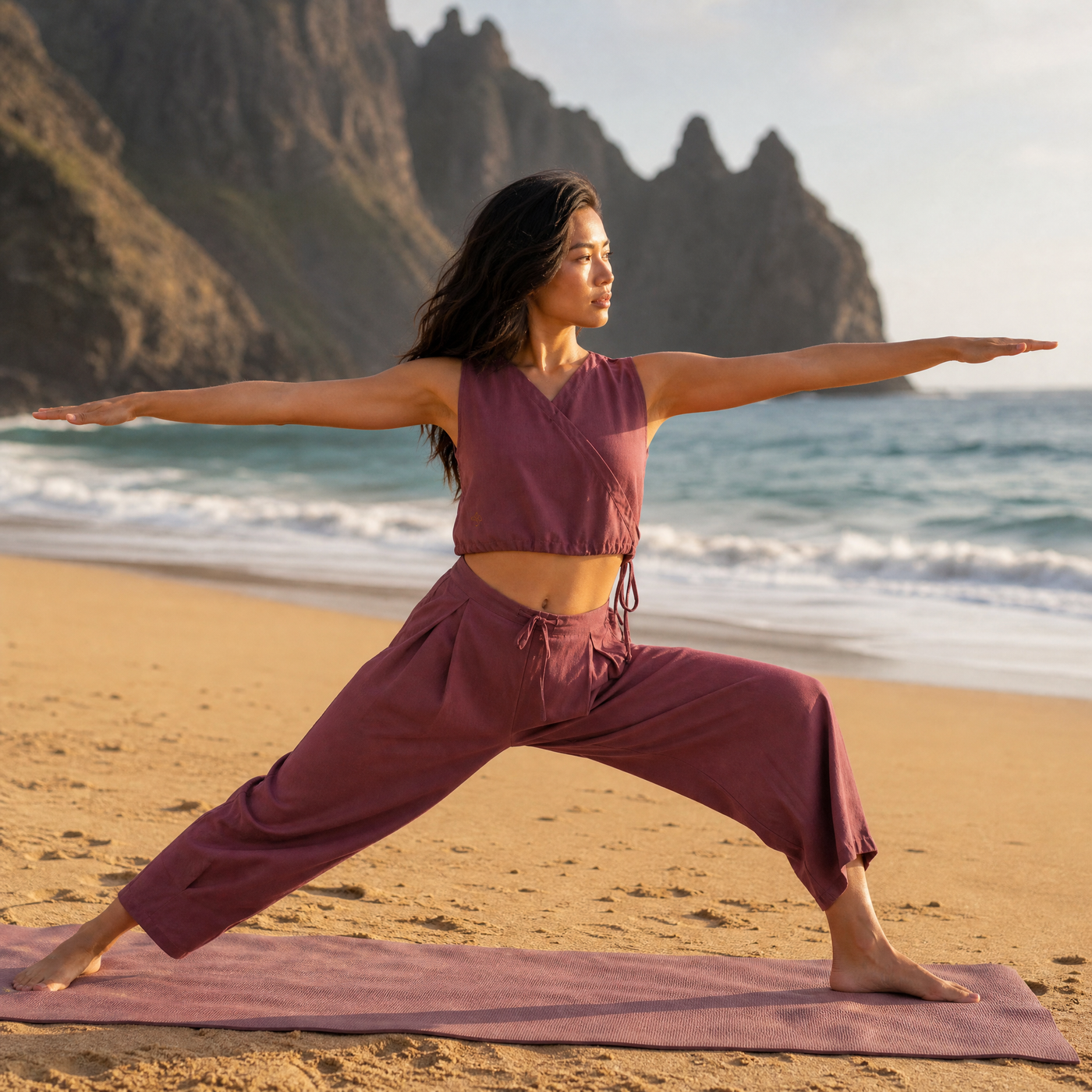 Sama Yoga Set of 2 (Top & Pants) 100% Cotton Sleeveless V Neck Short Top with Side Tie and mid waist pants Elasticised back tapered fit with box pleats- In Rose Pink — view 12